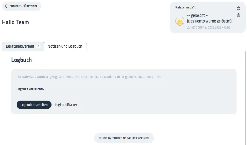 Logbuch bei Kontolöschung Logbuch bei Kontolöschung