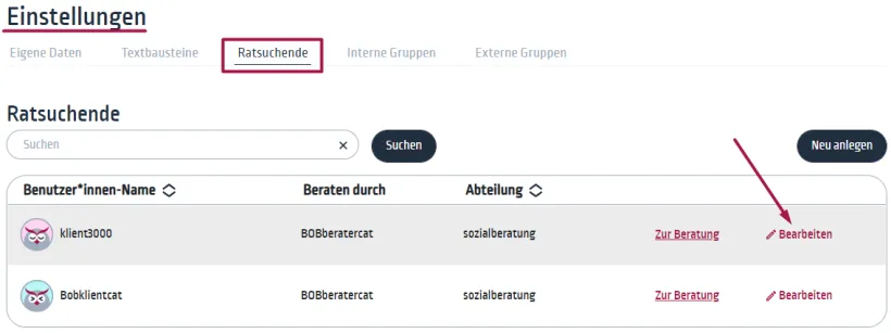 Ratsuchendenliste bearbeiten Ratsuchendenliste bearbeiten